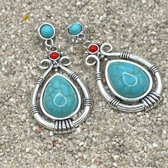 Navajo style turquoise and coral danle drop earrings - Picture 1 of 1